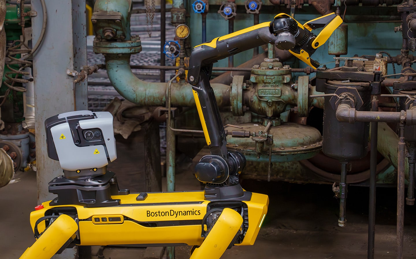 Spot uses an integrated manipulation arm to interact with the environment